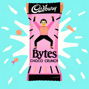 Cadbury Bytes Choco Crunch snack packaging featuring a playful cartoon mascot in an action-packed pose. Bright and colorful design with a sun-like emblem. Includes nutritional details and the iconic Cadbury logo.