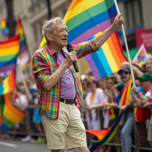 Sir Ian McKellen, clad in a vibrant plaid shirt and khaki shorts, addressing a crowd at a Pride parade. Surrounded by a sea of rainbow flags and enthusiastic supporters.