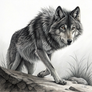 Luke Kim, an artist, created a vivid charcoal drawing of a wolf. The wolf is in a dynamic crouch, with keen eyes and dense fur. The background is minimal, focusing on the intricate details of the animal.