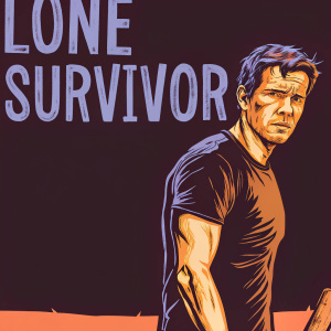 Mark Wahlberg, looking intense and focused. Standing in front of a plain black wall with 'Lone Survivor' text. He's wearing a black t-shirt.
