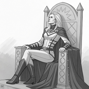 Comic art sketch of Emma Frost seated on a regal throne, dressed in traditional Marvel attire. Grey and black coloring.