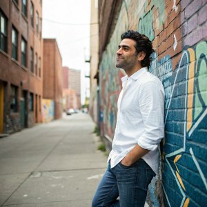 Oscar Isaac in a casual outfit. Jeans and white shirt. Standing in an urban street, surrounded by graffiti.