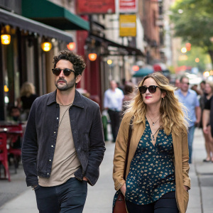 Drew Barrymore and Fabrizio Moretti, casually dressed and wearing sunglasses, walking down a bustling city street lined with cafes and shops.