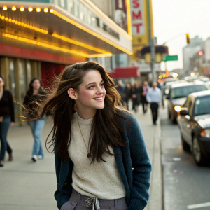 Kristen Stewart, with flowing brunette hair and a charming smile, stands in front of a bustling street scene. She is dressed in a casual outfit, complete with a cozy sweater.