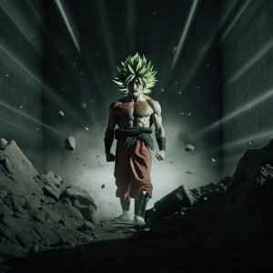 Digital artwork featuring Broly from Dragon Ball Z. Legendary Super Saiyan form. Set against a dark backdrop with striking, vibrant lighting effects.