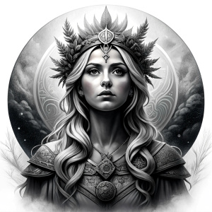 Frigg - Nordic Goddess perfect realistic art, high-definition grey and black, white background tattoo design