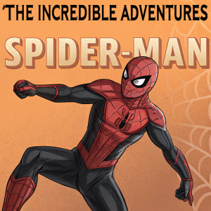 Digital illustration of a muscular Spiderman, rendered in a comic book style. He wears a red and black costume with intricate web patterns. Spiderman is depicted in a dynamic action pose. The orange background is overlaid with bold text: 'The Incredible Adventures of Spider-Man'.
