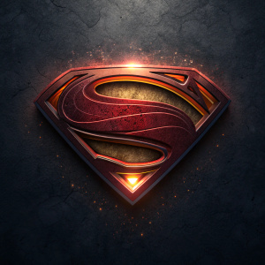 Digital art of the Superman logo. Dark, textured background. Richly detailed design. Warm, glowing highlights.