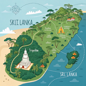 Interactive digital map highlighting key cities and landmarks in Sri Lanka, including Jaffna, Trincomalee, and Sigiriya. Lush greenery and vibrant colors.