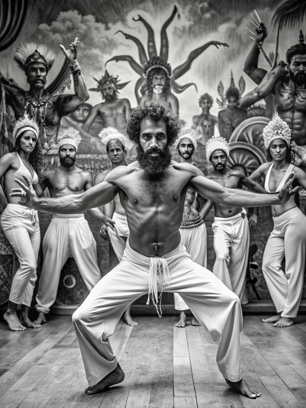 a black and white photo of a man in a tree, an album cover, by Harvey Pratt, surrealism, dancers, bearded, center of picture, sri lanka, lozhkin, 1970', 2018, capoeira, voodoo”