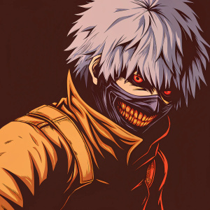 Kaneki Ken from Tokyo Ghoul, a manga series character. Half-human half-ghoul, with wild white hair and intense red eyes. Wears a mask revealing sharp fangs. Poses against a dark background, expression fierce.