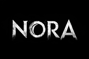"NORA party" minimalistic vector letter logotype in tim burton stylize, white logo on black background