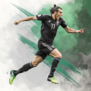 Digital artwork showcasing Gareth Bale mid-jump, green and gray abstract background. Determined face, bun hairstyle, black jersey with number 11, dynamic pose.