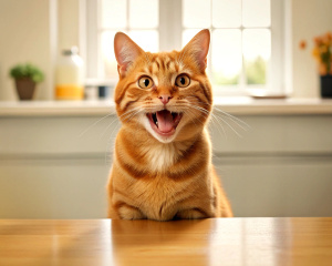 red cat, smiling, mouth open, fangs On the left side of the frame, at the table, kitchen, sharp-focus