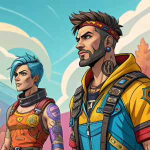 Cartoony, vibrant graphics from 'Borderlands 2'. Bright colors, detailed character designs