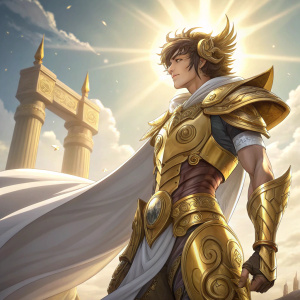 Young warrior from Saint Seiya standing confidently. Golden armor, intricate designs, flowing white cloth. Bright sunlight piercing through the sky. Behind him, a majestic golden structure extends upwards