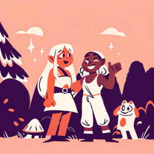 Three animated characters from the Wakfu universe, featuring a young female elf with long blonde hair, a brown-skinned female, and an animal-like creature with a joyful expression. Set in a vibrant, colorful fantasy world.