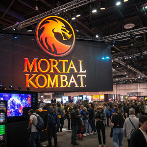 In the bustling background of a gaming convention, Mortal Kombat's logo stands out with its electrifying orange and yellow lettering, displayed on a large screen.