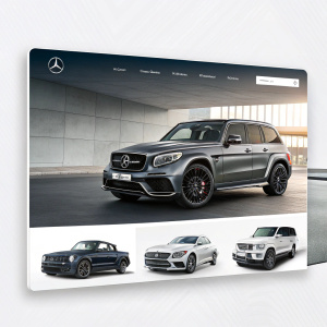 Online car dealership homepage featuring Brabus Mercedes-Benz models. Sleek, modern design with minimalist background