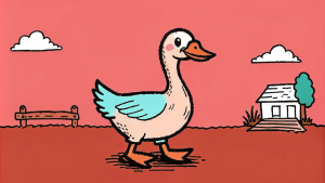 Un pato alegre caminando por la granja, estilo cartón