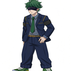 man. black school uniform. black pants. green hair, green sneakers. white blindfold on his head.
