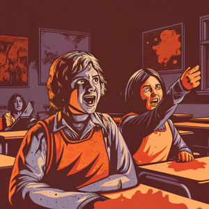 Austin & Ally cast members in a chaotic classroom scene. Austin covered in chocolate cake, Ally looks concerned. The background features colorful posters and quirky student art pieces on the walls.