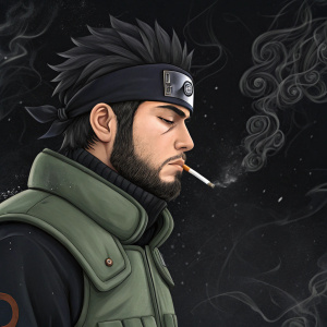 Asuma Sarutobi from Naruto, smoking a cigarette, against a dynamic black background with intricate details