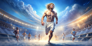 Ancient Greece. Stadium in Athens. Realistic cute shirtless slim young guys with blond wavy hair wearing short white perizoma, barefoot, at full height, are competing in running  in Olympic Games on a sunny afternoon.