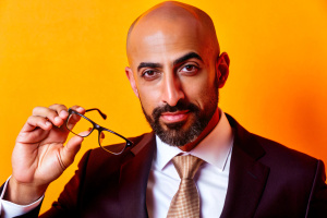 Middle Eastern man with a shaved head and a neatly trimmed goatee, wearing a suit and tie, holding a pair of eyeglasses in his hand