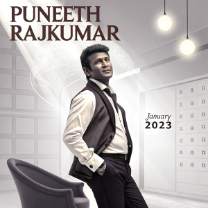 Promotional image featuring Puneeth Rajkumar. Indian actor, from Kannada film industry, posing in a studio setting. Calendaring with January 2023 highlighted.