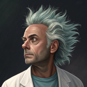 Rick Sanchez from Rick and Morty, in a realistic portrait. The character is portrayed with his iconic wild hair and meticulous facial details. Against a dark background, the image captures the essence of the animated series in a digital artwork.