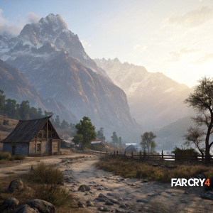 A serene landscape from Far Cry 4 featuring a vast, rugged mountain range. A quaint, ancient village nestled at the base with wooden huts and rocky terrain. The game's logo is subtly visible in the corner.
