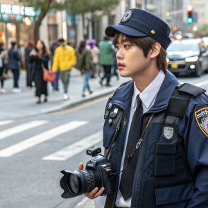 Kim Taehyung, member of BTS, dressed in an undercover police officer's uniform. Filming a scene on a busy city street.
