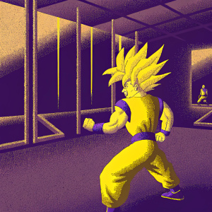 Super Saiyan Goku in a dynamic fighting pose, yellow and blue outfit with iconic spiky golden hair. The setting is a sleek modern gym with mirrored walls.