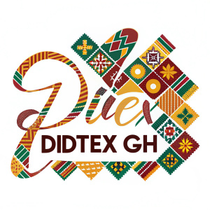 Dynamic logo for 'Didtex Gh', a vibrant Ghanaian enterprise. Features an intricate pattern reminiscent of Kente cloth, alongside stylized 'Didtex Gh' text. Includes contact info and encapsulates Ghanaian culture through its rich colors and designs.