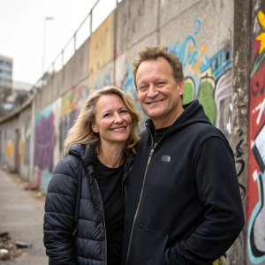 Neil Stuke and Sally Ann Stuke, a couple in their late 40s, dressed in casual dark clothing, posing for a candid photo in front of a graffiti-covered concrete wall. They are both smiling warmly.