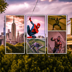 Spider-Man in dynamic poses, showcasing key moments from his adventures. Comic book style layout