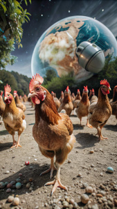 курицы бегут по инопланетной планенте
