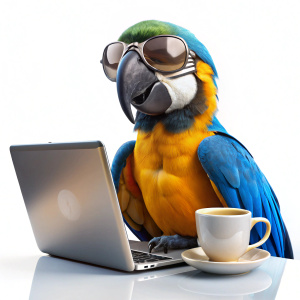 crea uns imagen de una guacamaya com lentes de sol usando una MacBook y tomando cafe