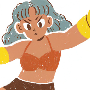 Illustration of a female anime character. Blue wavy hair, determined face. Wearing a fitted red top and black skirt. She's in a dynamic pose with arms stretched. White background