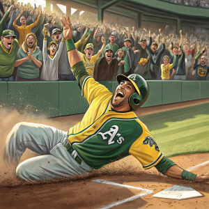 Luis Garcia, in a green and yellow sports jersey, slides into home plate. Crowd cheering