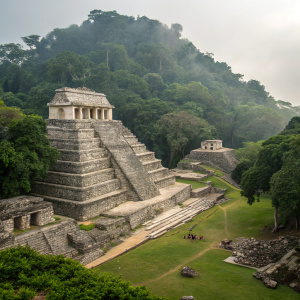 In the heart of Chiapas, Mexico, an ancient pyramid stands tall, its steps leading to the Temple of the Inscriptions. The site, once home to the tomb of King Pakal, is now a tourist attraction surrounded by lush greenery and ancient ruins.