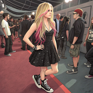 Avril Lavigne, youthful look, blonde hair with pink streaks, black sequined dress, Converse sneakers. Crowded backstage area at the MTV Video Music Awards.