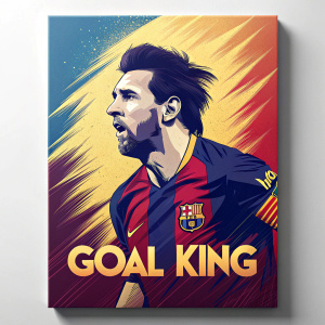 A vibrant digital art piece featuring Lionel Messi. Bold graphic style with primary colors. Messi's silhouette in motion, face centered. Text reads 'GOAL KING' underneath the portrait.