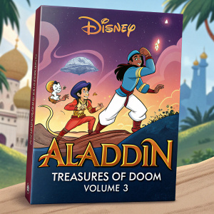 DVD cover for 'Aladdin: Treasures of Doom Volume 3'. Dynamic poses, colorful cartoon-style illustrations of Aladdin and friends. Disney logo, bold title.