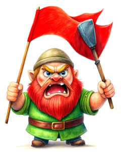 angry and bad dwarf illustration, red accessories, lifting a red flag, vintage cartoon effect, white background