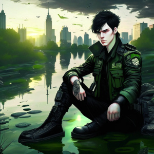 dishonored outsider styled young man with pale skin, thin, dark emo hair, wearing a military tac vest, black shirt green military uniform top and black pants. relaxing at a river