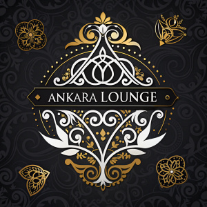 A high-resolution digital illustration of Ankara Lounge's logo. The logo features intricate gold and white details set against a bold black background, adorned with elegant, ornate patterns.