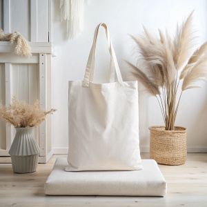 blank white cotton canvas blank tote bag close-up mockup. white boho room, vintage, cozy podium