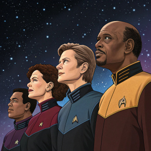 Star Trek: Deep Space Nine ensemble cast, in sci-fi uniforms, against starry night backdrop.